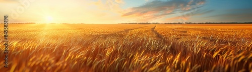 Golden wheat field bathed in warm sunset light. photo