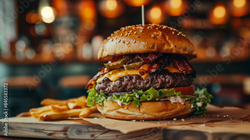 hamburger with cheddar cream and fresh and tasty brioche bun.