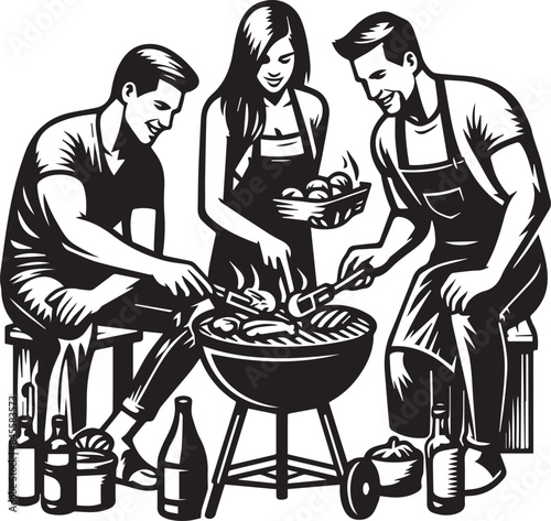 Barbecue Vector Illustration Silhouette. Barbecue grill emblem vintage monochrome for cooking delicious juicy meat on open fire during summer picnic vector illustration