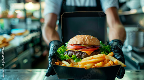 Burger, fries, salad Restaurant smiling employee packs a black really small delivery box.