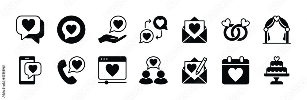 Engagement icon set. Containing speech bubble, love letter, wedding ring, decoration, message, call, online video, schedule or date, communication, cake. Vector illustration Engagement icon set. Containing speech bubble, love letter, wedding ring, decoration, message, call, online video, schedule or date, communication, cake. Vector illustration