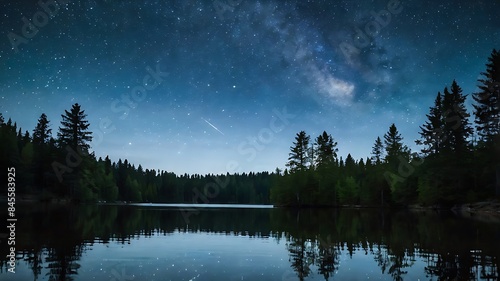 Starry night sky in a beautiful forest by the lake landscape