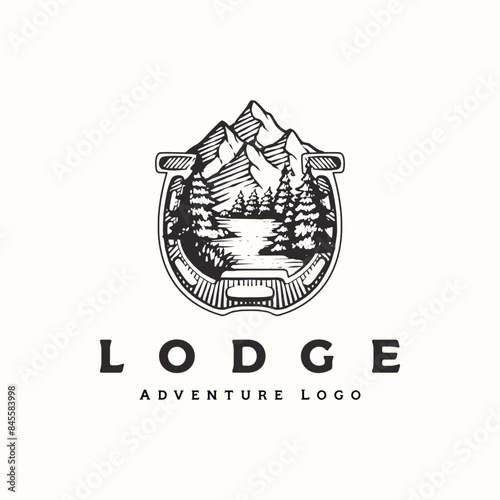 Vintage hipster Mountain lake river in the forest with pine tree on the horseshoe for outdoor logo design vector 