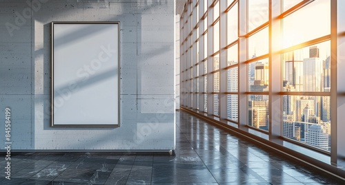 Modern City Building Lobby With Large Blank Poster and Sunny Window View