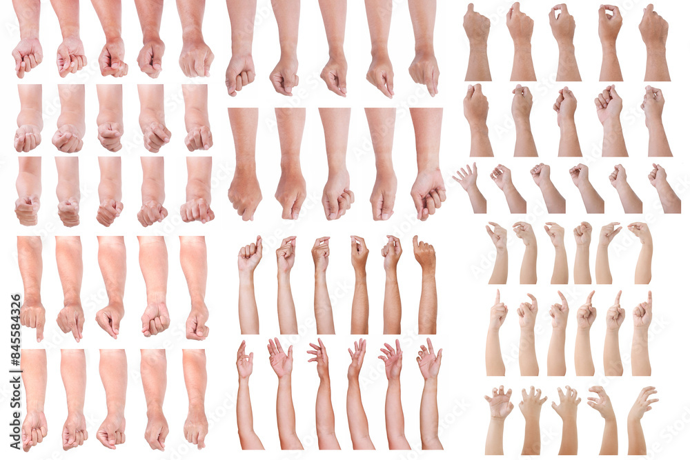 Group of Male asian hand gestures isolated over the white background. Hand Grab Thing with fingers Action . Group of Male asian hand gestures isolated over the white background. Hand Grab Thing with fingers Action .