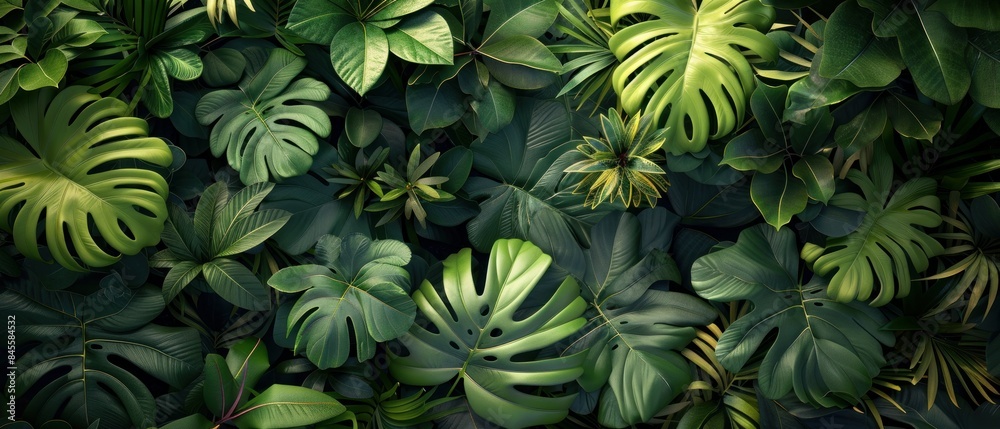 Lush green foliage background with tropical leaves.