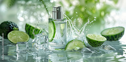 Fresh Citrus and Cucumber Scented Perfume Bottle in Water With Ice