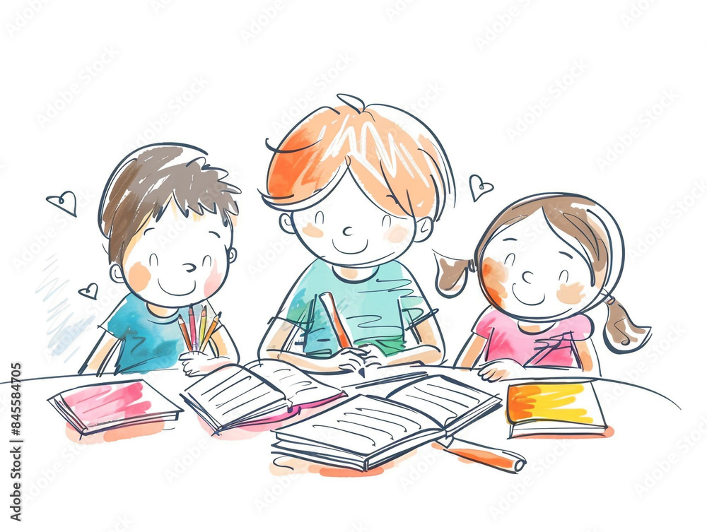 Children's drawing showing a group of children happily learning together. Children's drawing showing a group of children happily learning together.