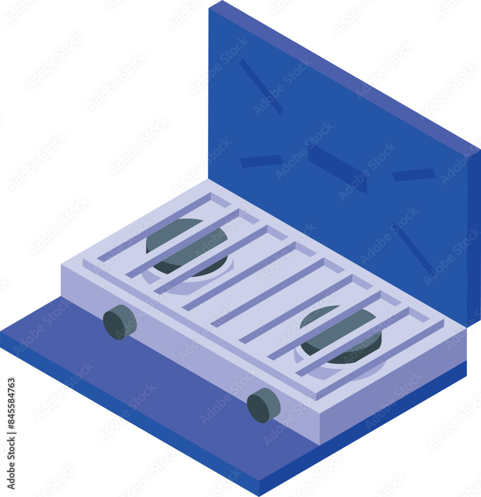 Modern blue and white gas stove with opened lid isometric view isolated on white background