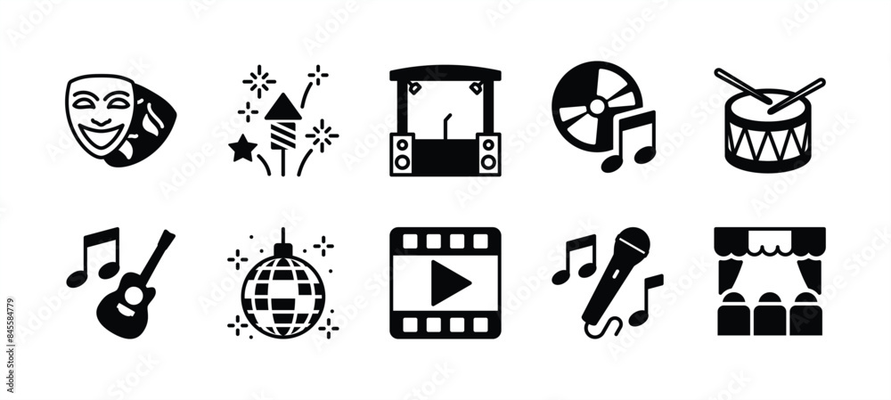 Naklejka premium Event entertainment icon set. Containing theatre mask, fireworks, stage, concert music, drum, acoustic guitar, disco ball, karaoke, singing, cinema movie video. Vector illustration