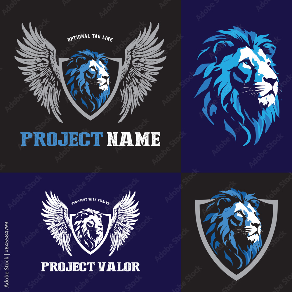 Fototapeta premium Fully editable vector logo template with unique handrawn lion head and angel wings