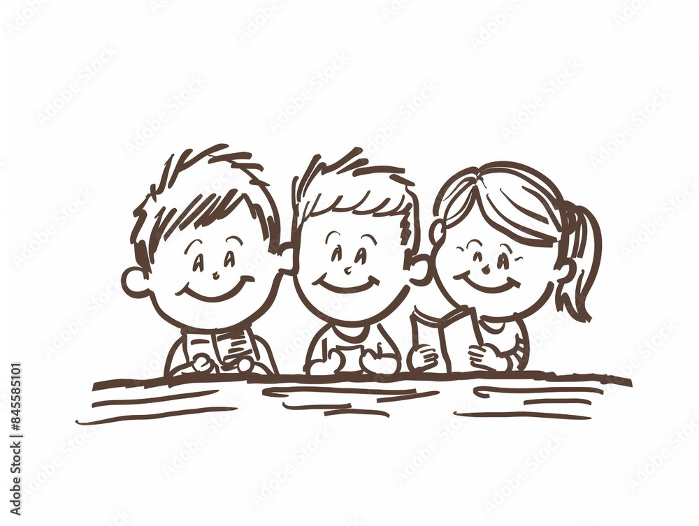 Children's drawing showing a group of children happily learning together. Children's drawing showing a group of children happily learning together.
