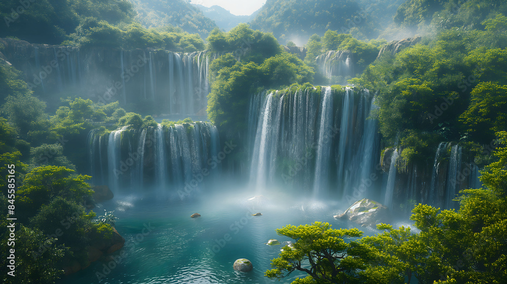 Mystical Sunlit Waterfall Amidst Lush Greenery Mystical Sunlit Waterfall Amidst Lush Greenery