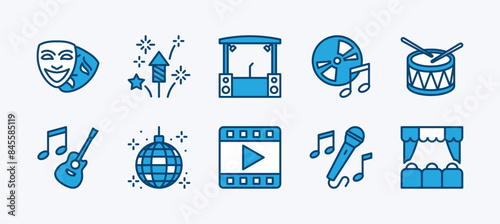 Set of event entertainment icon. Containing theatre mask, fireworks, stage, concert music, drum, acoustic guitar, disco ball, karaoke, singing, cinema movie video. Vector illustration