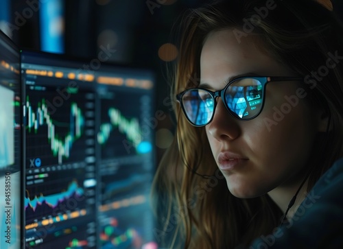 A focused female designer with glasses, surrounded by digital code and graphs on her computer screen, immersed in data analysis for an AI-powered stock market model. She focuses on her work.