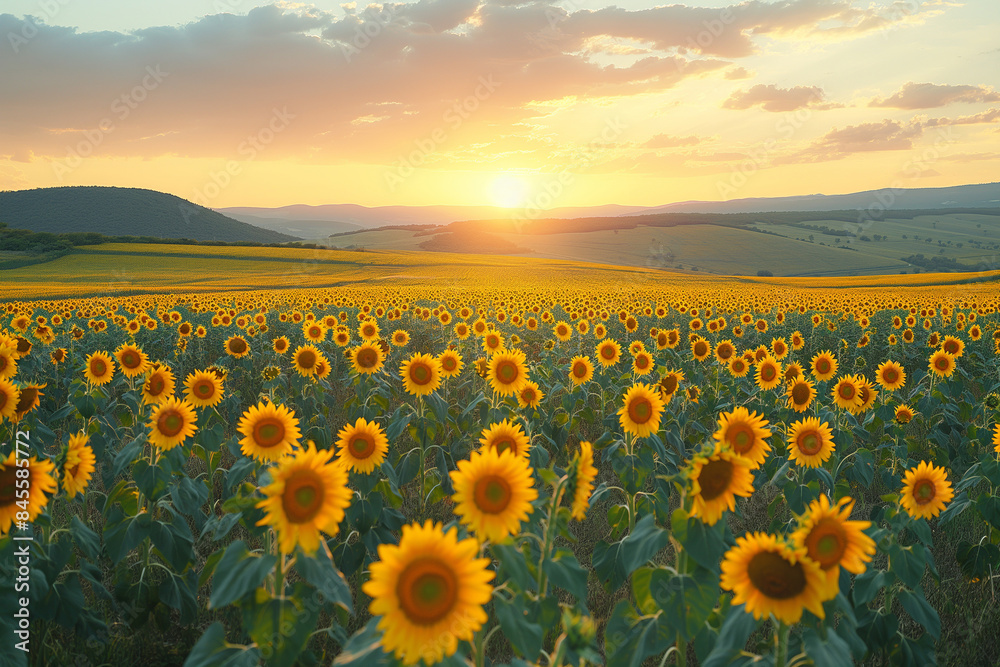 Fototapeta premium The image shows a serene sunset over a vast sunflower field under a picturesque sky