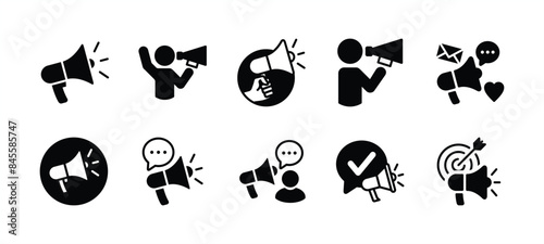 Megaphone or loudspeaker icon set. Containing advertising, promotion, marketing target, advertisement, social media, campaign, announcement, communication, speech, message. Vector illustration