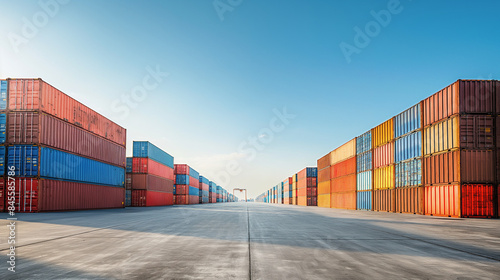 Container yard with a clear blue sky and ample ground space, focusing on global business logistics for freight carriers and cargo transportation