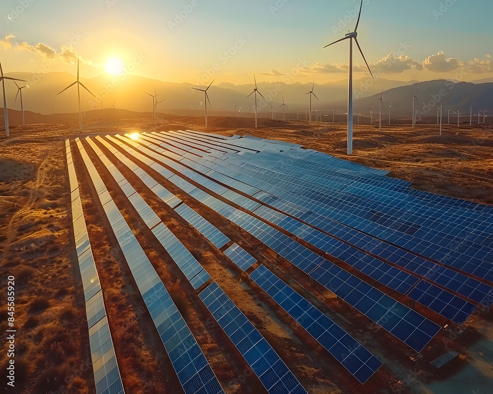 Renewable Energy Park with Solar Panels and Wind Turbines Generating ...