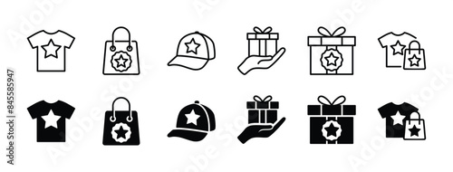 Merchandise or merch product thin line icon set. Containing t-shirt, shopping bag, hat, present gift. Vector illustration