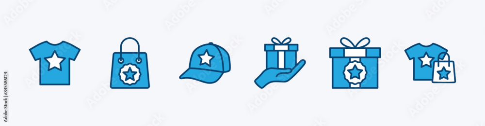 Set of merchandise or merch product icon. Containing t-shirt, shopping bag, hat, present gift. Vector illustration Set of merchandise or merch product icon. Containing t-shirt, shopping bag, hat, present gift. Vector illustration