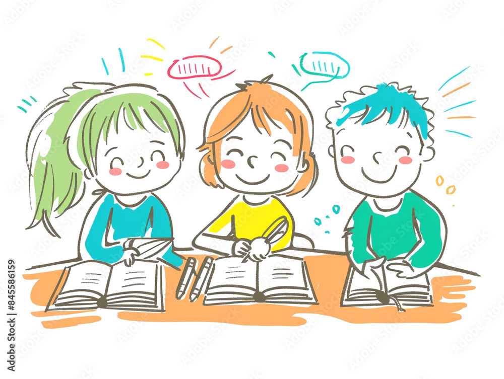 Children's drawing showing a group of children happily learning together. Children's drawing showing a group of children happily learning together.