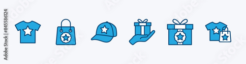 Set of merchandise or merch product icon. Containing t-shirt, shopping bag, hat, present gift. Vector illustration