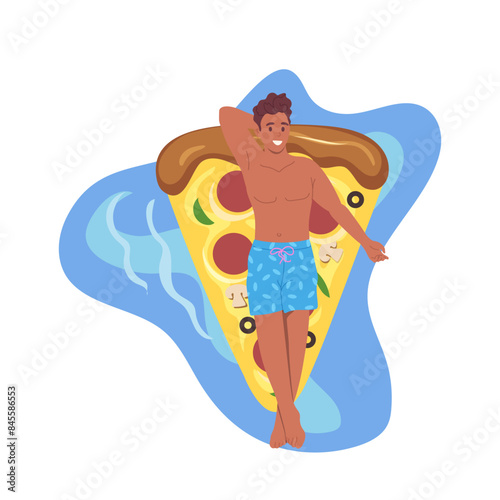 Happy young man tourist cartoon character sunbathing floating on pizza inflatable rubber mattress