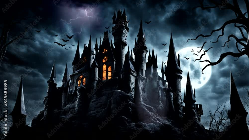 Haunted castle scene on Halloween with bats, owls at night Seamless looping 4k time-lapse animation video background
