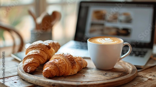 Two Freshly Baked Croissants and a Cup of Latte on a Wooden Tray With a Lapto...