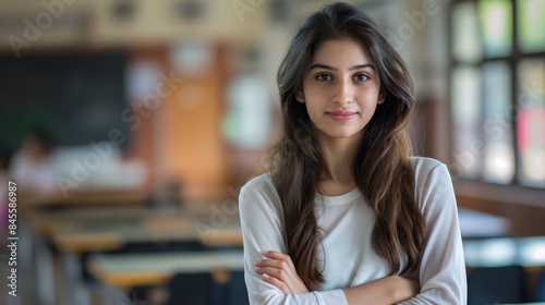 Confident young female Pakistani student standing in classroom, poised, confident posture, determined expression, academic setting, classroom environment.
