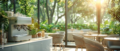 Sunlit Cafe Interior With Wooden Tables and Chairs Near Large Windows
