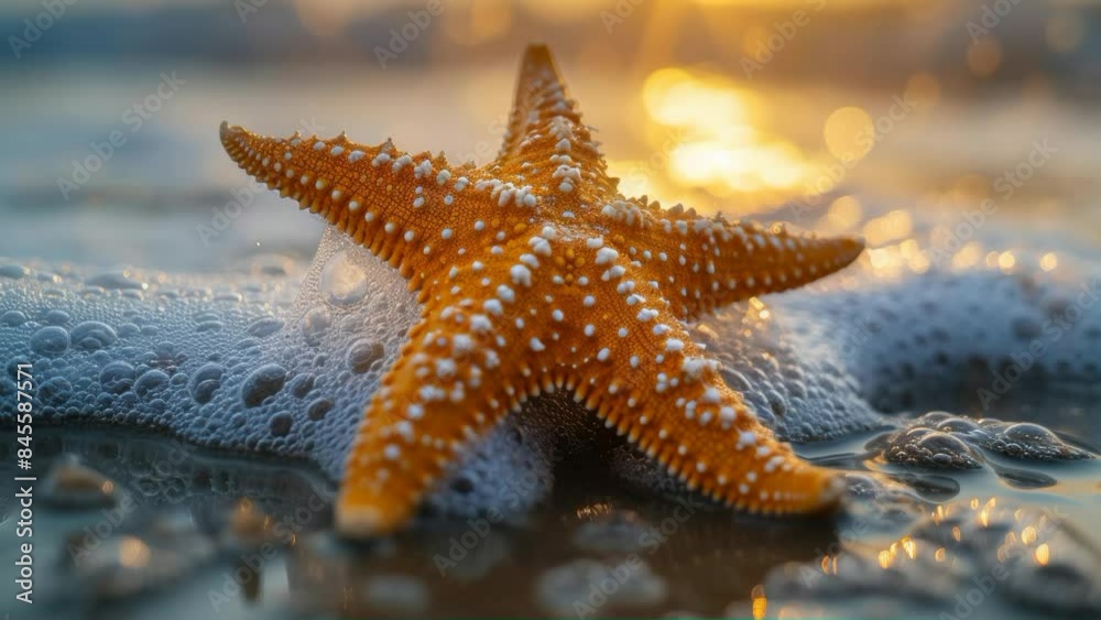 Starfish on sandy shore at sunset, beach vacation concept. Generative AI Starfish on sandy shore at sunset, beach vacation concept. Generative AI