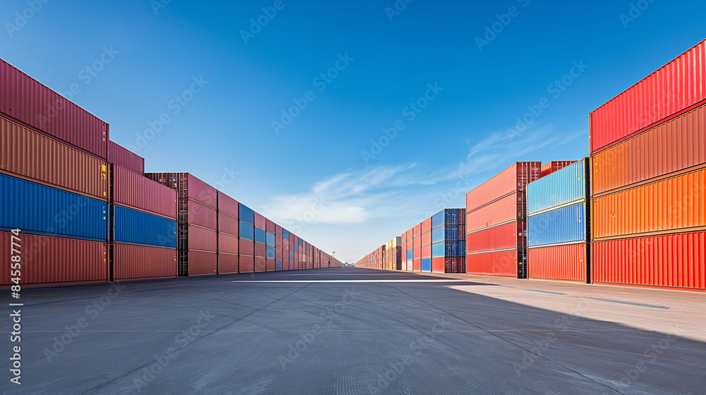 Container yard with a clear blue sky and ample ground space, focusing on global business logistics for freight carriers and cargo transportation