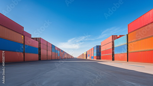 Obraz na płótnie Container yard with a clear blue sky and ample ground space, focusing on global business logistics for freight carriers and cargo transportation w salonie