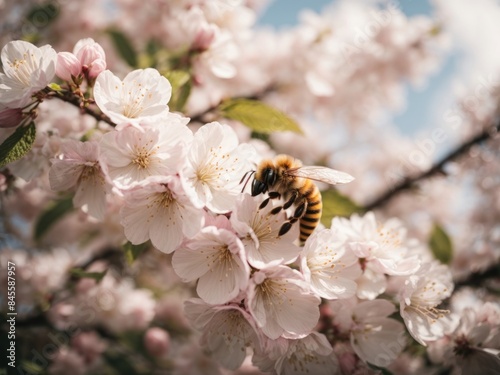 Bee on a flower of the white cherry blossoms © sunil