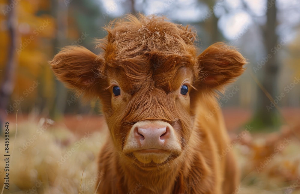 Close Up Portrait of a Brown Highland Calf Standing in Autumn Foliage Close Up Portrait of a Brown Highland Calf Standing in Autumn Foliage