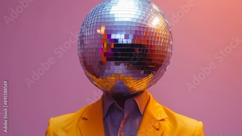 Person with disco ball head wearing yellow jacket in pink background, surreal fashion concept. Generative AI