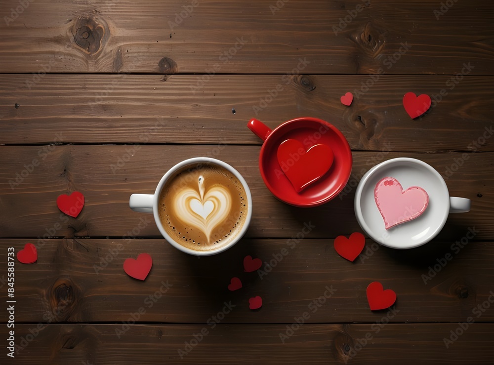 Valentine's day background with coffee mugs on wooden table Valentine's day background with coffee mugs on wooden table