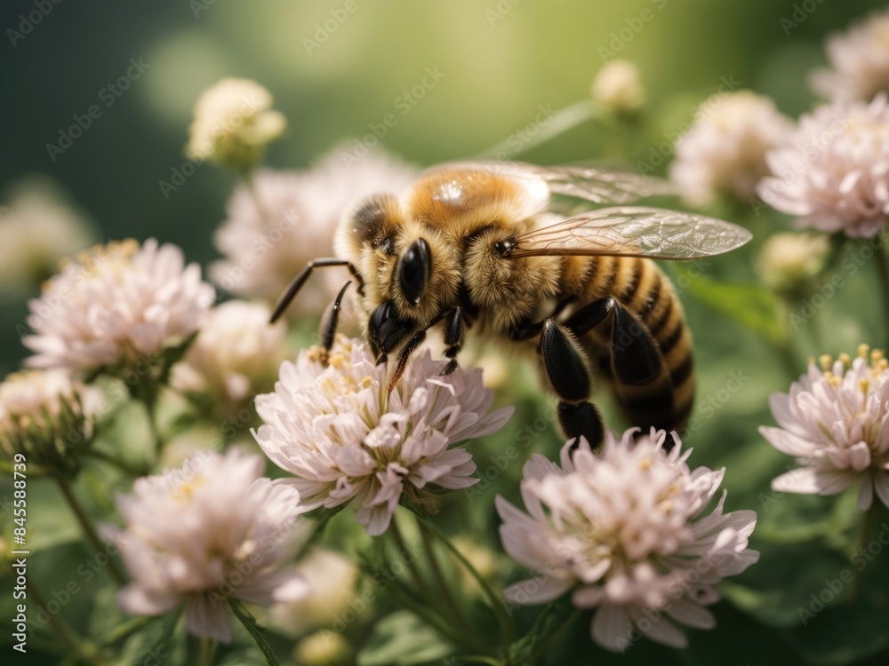 bee or honeybee on white clover flower micro view bee or honeybee on white clover flower micro view
