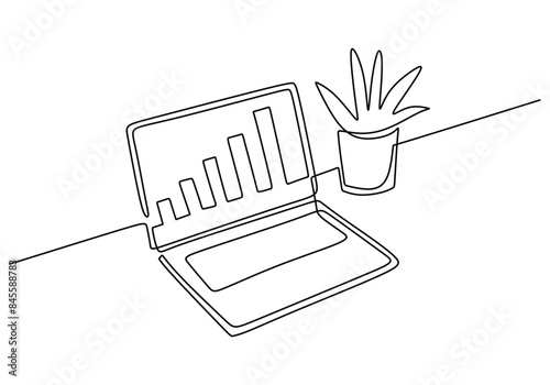 Laptop with graphic continuous line drawing. Business and investment concept vector illustration. photo