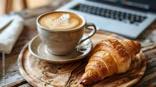Two Freshly Baked Croissants and a Cup of Latte on a Wooden Tray With a Lapto...