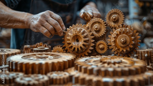 Elderly Craftsman Assembling Intricate Wooden Gear System in Workshop