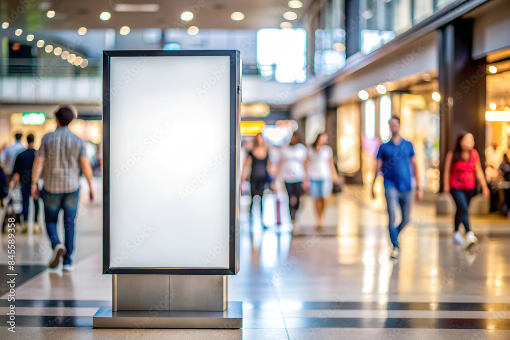 Fototapeta premium Display white blank screen or signboard mockup for offers or advertisement in public area with blurred people.