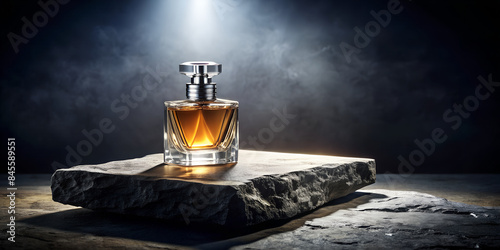 A luxury glass or crystal perfume bottle on the stone platform display background in dramatic studio lighting theme as wide banner with copy space area.