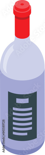 Isometric wine bottle with red cap standing on white background