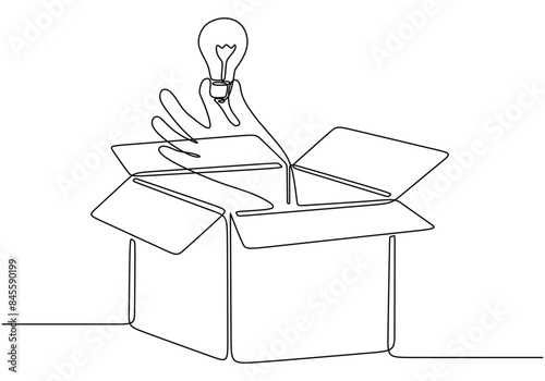 Cardboard box with hand hold light bulb continuous line drawing. Online business idea illustration.