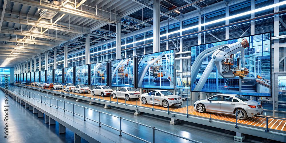 Automated futuristic robotics electric cars factory production line as wide banners with statistics of production and efficiency. Banner. Panoramic view. Copy space. Automated futuristic robotics electric cars factory production line as wide banners with statistics of production and efficiency. Banner. Panoramic view. Copy space.