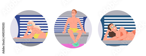 Happy satisfied people cartoon characters inside solarium machine at beauty salon round composition