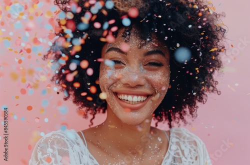 Woman With Short Curly Hair Smiling in Confetti